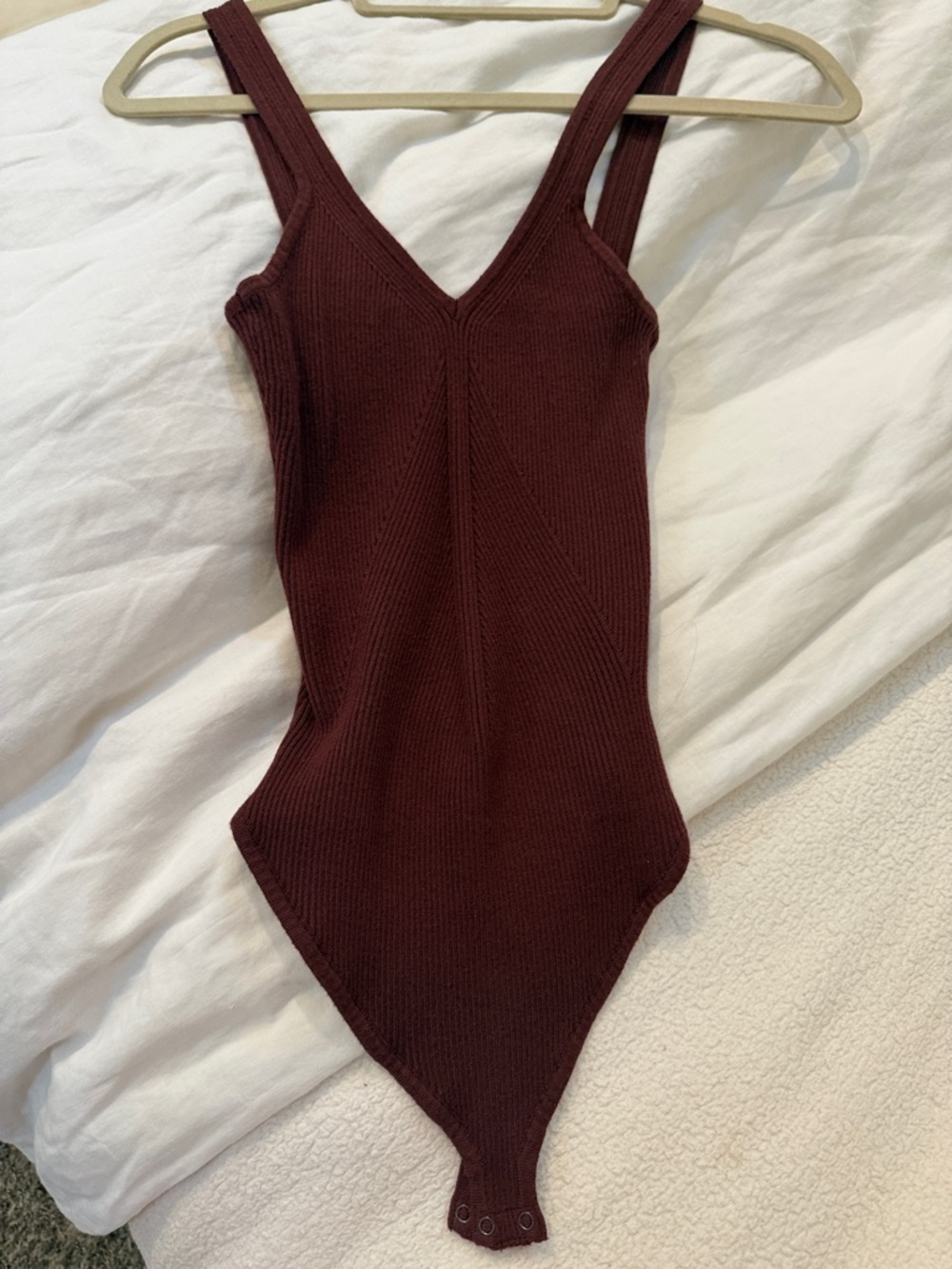Dress Forum Ribbed V-Neck One-Piece Bodysuit in Deep Wine